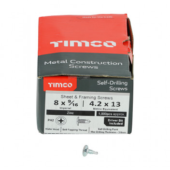 TIMco 08916WHSD S/Drill Screw Wafer Head PH2 4.2mm x 13mm BZP (1000)